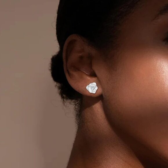 14K Gold Plated Sterling Silver Rose Flower Stud Earrings with Cubic Zirconia fo - Picture 4 of 5